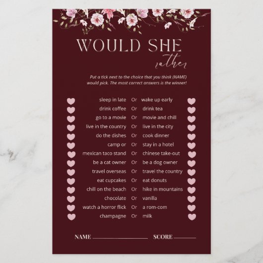 Bride in Bloom Would She Rather Bridal Shower Game (Voorkant)