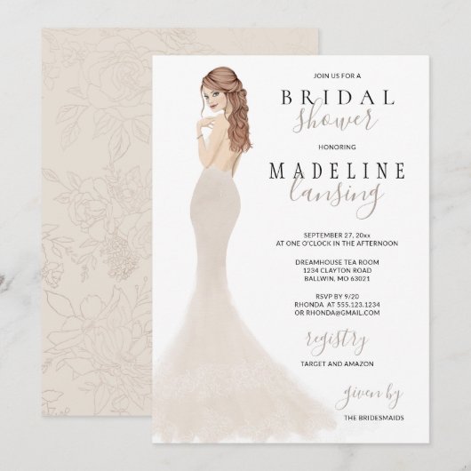 Bride in Champagne Lace Gown Vrijgezellenfeest Inv Kaart (Voorkant / Achterkant)