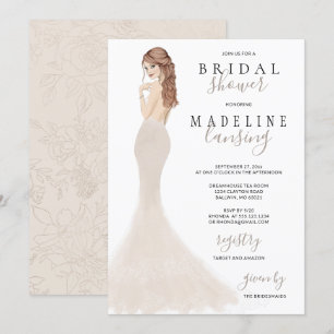 Bride in Champagne Lace Gown Vrijgezellenfeest Inv Kaart