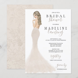 Bride in Champagne Lace Gown Vrijgezellenfeest Inv Kaart