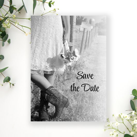 Bride in Cowboy Boots en Sunflower Save the Date Kaart
