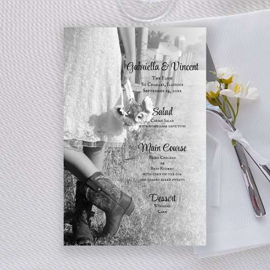 Bride in Cowboy Boots en Sunflower Wedding Menu