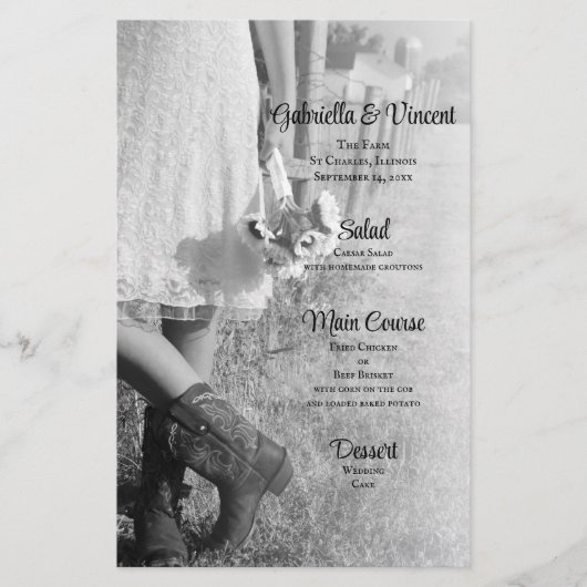 Bride in Cowboy Boots en Sunflower Wedding Menu (Voorkant)