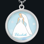 Bride in Gown Blue Polka Dot Personalized Ketting<br><div class="desc">Dit ketting is een groot geschenk voor de nieuwe bruid of de bruid om te zijn. Het ontwerp bevat een bruid in een witte trouwjurk en sluier. De bride is op een blauwe achtergrond met polka stippen in verschillende tinten blauw. Binnen het roze gebied van de trouwjurk is een plaats...</div>