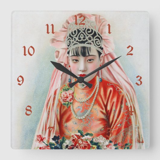 Bride in het Chinees Red Shanghai Yuefenpai Vierkante Klok (Voorkant)