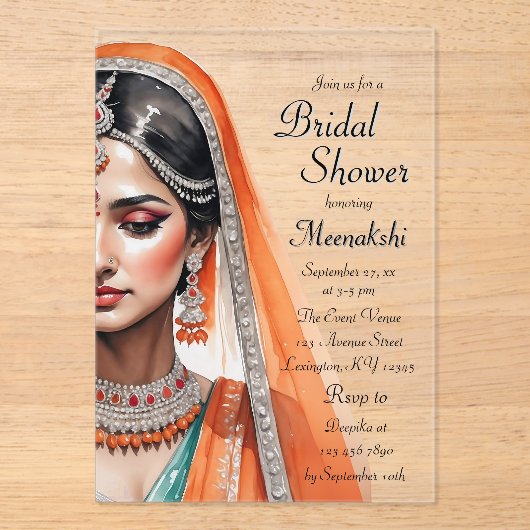 Bride in Lehenga Choli Etnisch Indiaas Vrijgezelle Acryl Uitnodigingen (Voorkant)