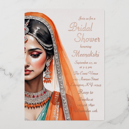 Bride in Lehenga Choli Etnisch Indiaas Vrijgezelle Folie Uitnodiging (Voorkant)