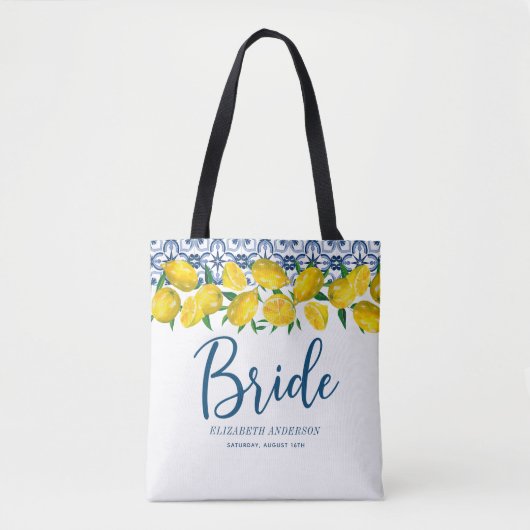Bride Italiaanse blauwe Tegel Lemon Boho Wedding Tote Bag (Voorkant)