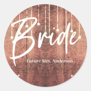 Bride Lace wood texture rustic string lights Ronde Sticker