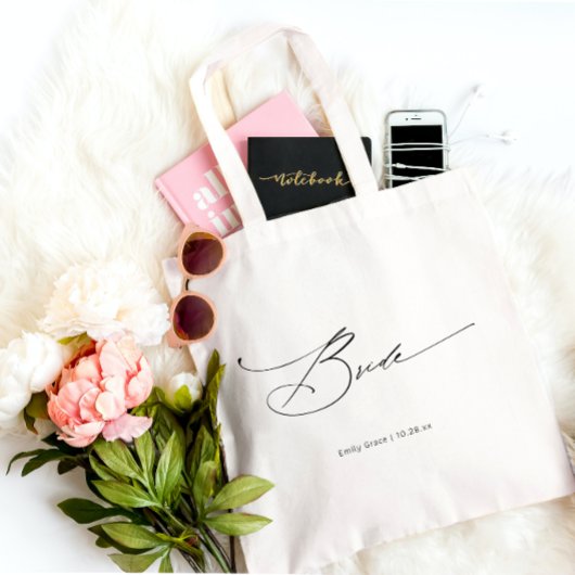 Bride Modern Elegant Script Wedding Custom Name Tote Bag
