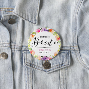 Bride Modern Typografie 2 Colorful Flowers Wreater Ronde Button 7,6 Cm