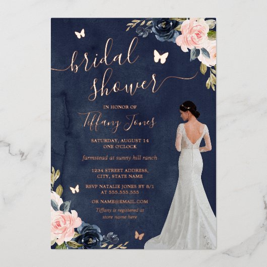 Bride Navy Roos Gold Floral Vrijgezellenfeest Folie Uitnodiging (Voorkant)