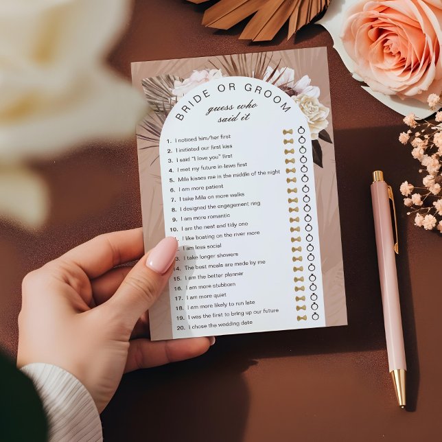 Bride of Groom Raad die het Game Boho Florals zei (Bride or Groom Guess Who Said it Game Boho Florals)