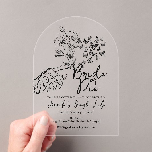 Bride or Die Black Floral Bachelorette Party Acryl Uitnodigingen (Insitu (Draagbaar))