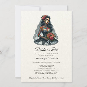 Bride or Die Elegant Gothic Bruidsdouche Uitnodigi Kaart
