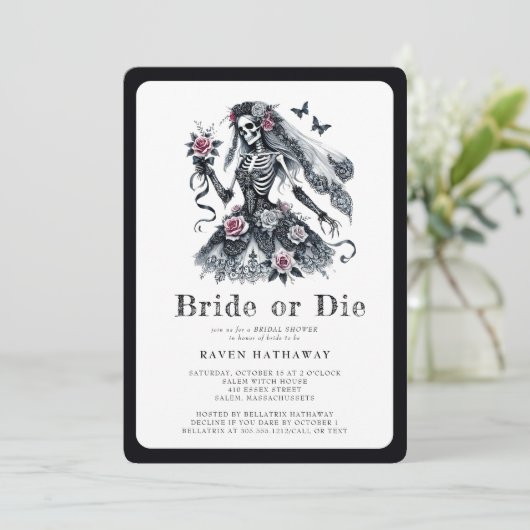 Bride or Die Gothic Floral Skeleton Vrijgezellenfe Kaart (Staand voorkant)
