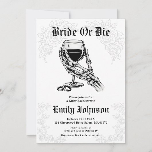 Bride or Die Gothic Skeleton Bachelorette Party Kaart (Voorkant)