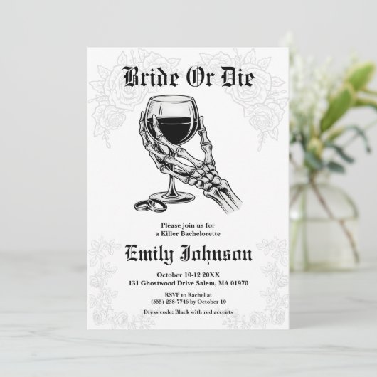 Bride or Die Gothic Skeleton Bachelorette Party Kaart (Staand voorkant)