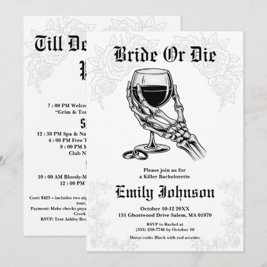 Bride or Die Gothic Skeleton Bachelorette Party Kaart (Voorkant / Achterkant)