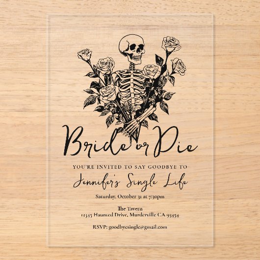 Bride or Die Skeleton Floral Bachelorette Party Acryl Uitnodigingen (Voorkant)