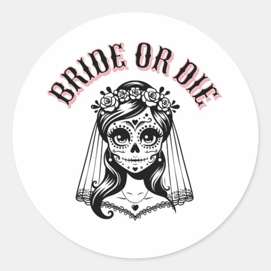 bride or die skull black and white, ronde sticker (Voorkant)