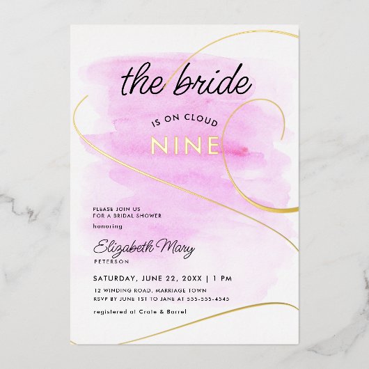 Bride over Cloud 9 Waterverf Gold Vrijgezellenfees Folie Uitnodiging (Voorkant)