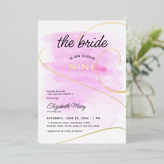 Bride over Cloud 9 Waterverf Gold Vrijgezellenfees Folie Uitnodiging (Staand Voorkant)