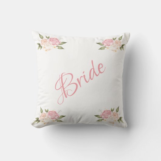 Bride Pink Floral Script Chic Waterverf Wedding Kussen (Voorkant)