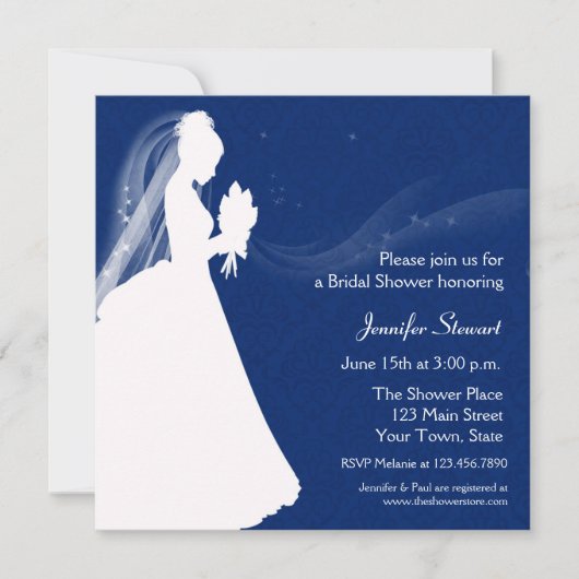 Bride Silhouette, Navy Blue, Shower Invitation Kaart (Voorkant)