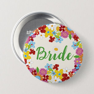 BRIDE Spring Flowers Garden Chic Wedding Name Tag Ronde Button 7,6 Cm