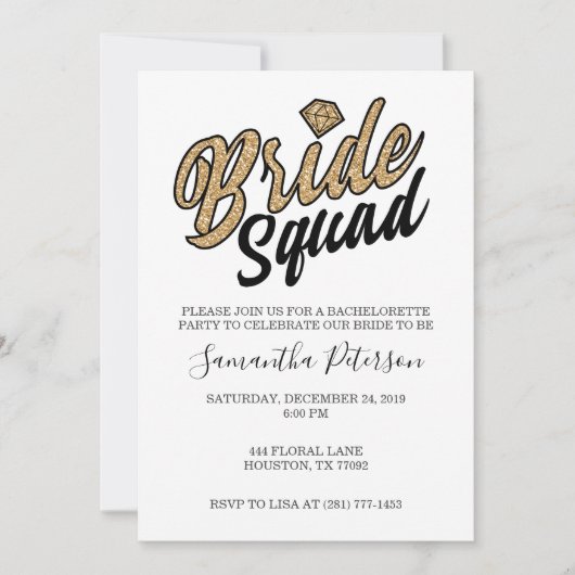 Bride Squad Party Uitnodiging - Goud & Zwart (Voorkant)