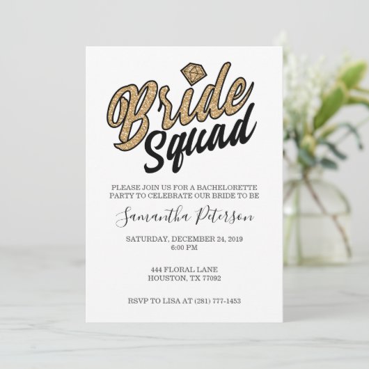Bride Squad Party Uitnodiging - Goud & Zwart (Staand voorkant)