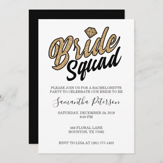 Bride Squad Party Uitnodiging - Goud & Zwart (Voorkant / Achterkant)