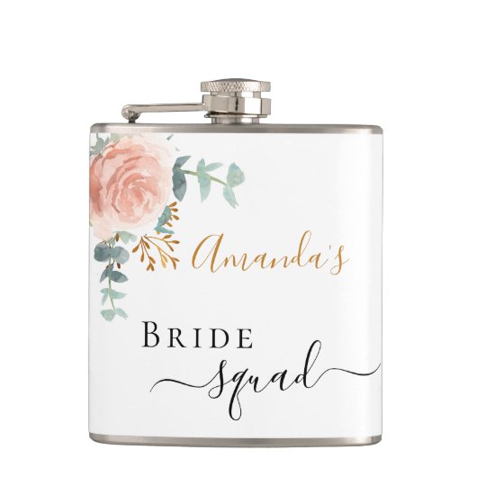 Bride squad roze florale eucalyptus bachelorette heupfles (Voorkant)