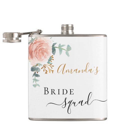 Bride squad roze florale eucalyptus bachelorette heupfles (Geopend)