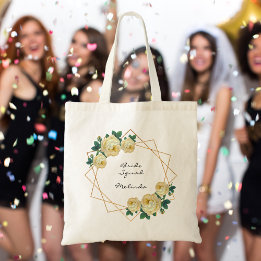 Bride Squad Yellow Floral Elegant Gold Glitter Geo Tote Bag