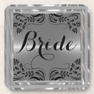 Bride-tekst van zilver en zwarte Floral Lijst Drankjes Onderzetter