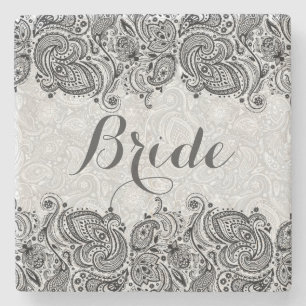 Bride Text White Paisley And Black Lace Stenen Onderzetter