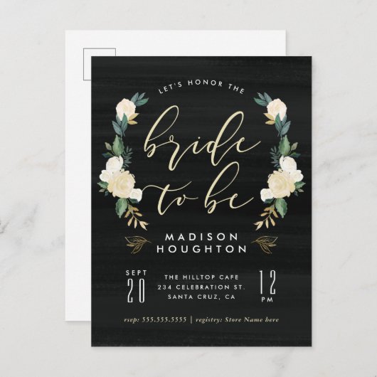 Bride To Be Calligraphy Floral Vrijgezellenfeest Uitnodiging Briefkaart (Voorkant / Achterkant)