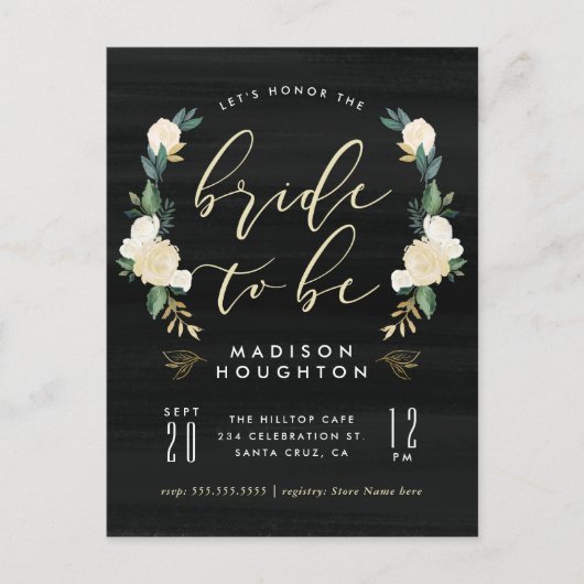 Bride To Be Calligraphy Floral Vrijgezellenfeest Uitnodiging Briefkaart (Voorkant)