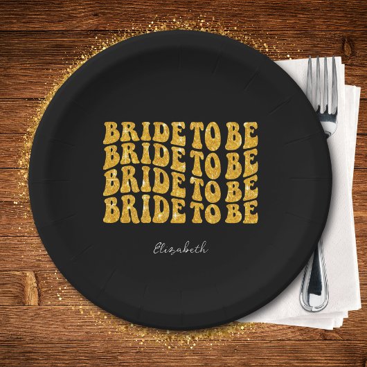 Bride to Be Gold Glitter Tekst met Naam, Zwart Papieren Bordje