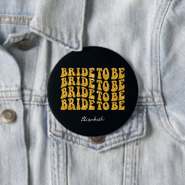 Bride to Be Gold Glitter Tekst met Naam, Zwart Ronde Button 4,0 Cm