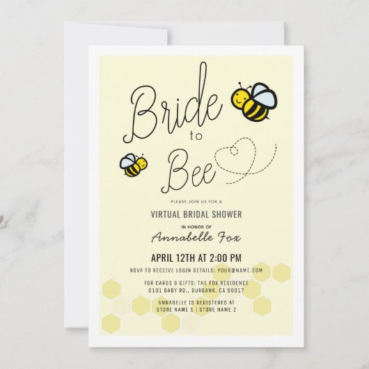 Bride to Bee Lichtgeel VIrtual Vrijgezellenfeest Kaart (Voorkant)
