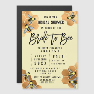 Bride to Bee Quote Gold Honeycomb Vrijgezellenfees Magnetische Uitnodiging