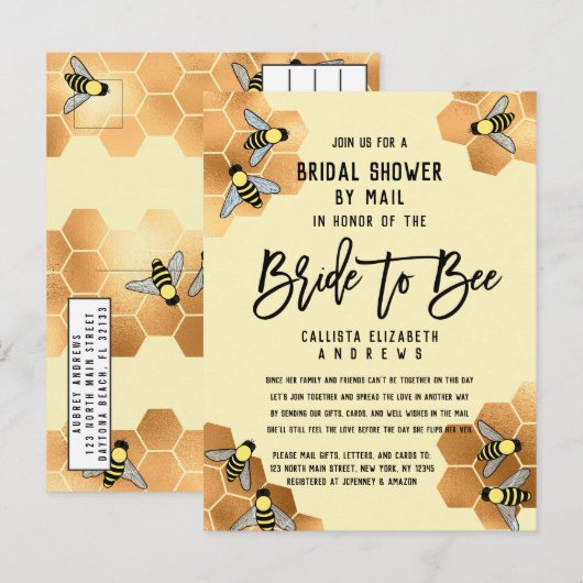 Bride to Bee Quote Gold Honeycomb Vrijgezellenfees Uitnodiging Briefkaart (Voorkant / Achterkant)