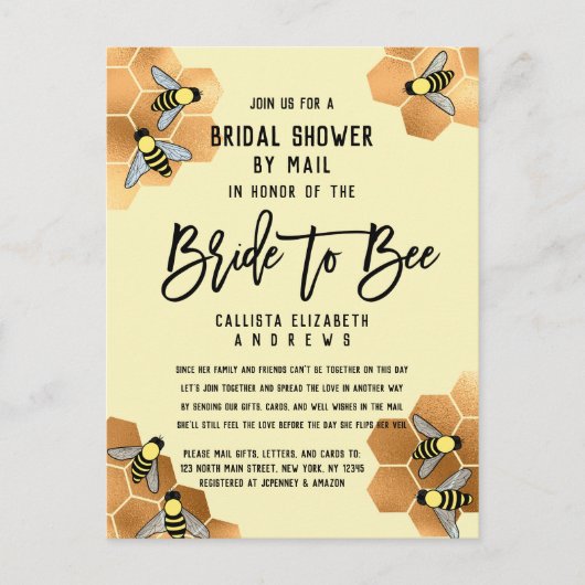 Bride to Bee Quote Gold Honeycomb Vrijgezellenfees Uitnodiging Briefkaart (Voorkant)