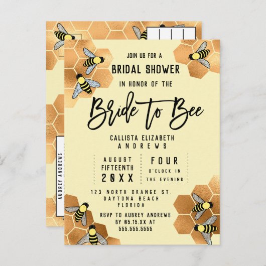 Bride to Bee Quote Gold Honeycomb Vrijgezellenfees Uitnodiging Briefkaart (Voorkant / Achterkant)