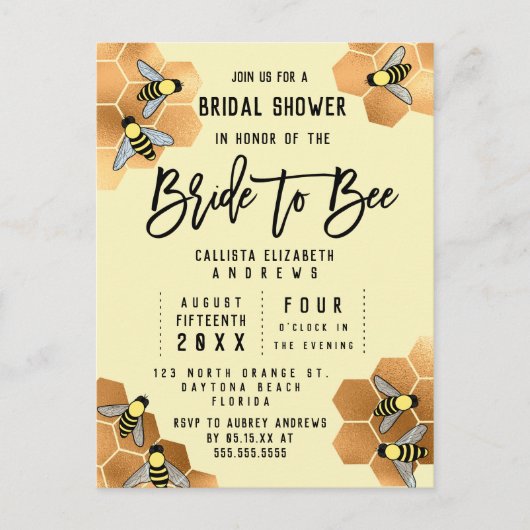Bride to Bee Quote Gold Honeycomb Vrijgezellenfees Uitnodiging Briefkaart (Voorkant)