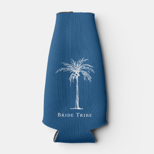 Bride Tribe Blue White Palm Tree Aangepast Flesjeskoeler (Voorkant)
