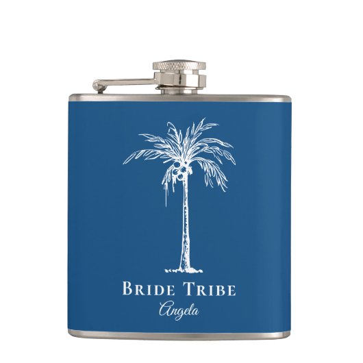 Bride Tribe Blue White Palm Tree Aangepast Heupfles (Voorkant)